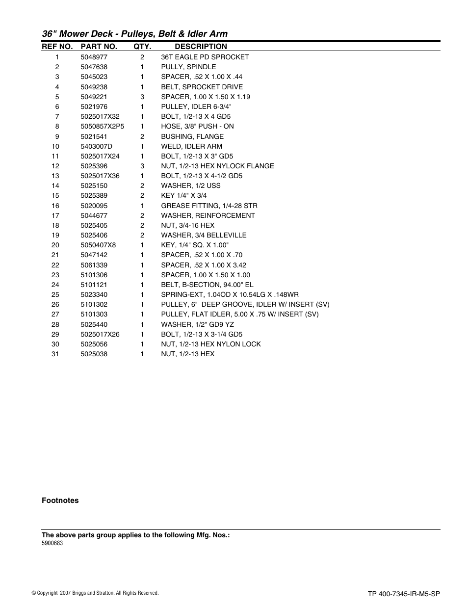 36" mower deck - pulleys, belt & idler arm | Briggs & Stratton 5900709 User Manual | Page 45 / 50