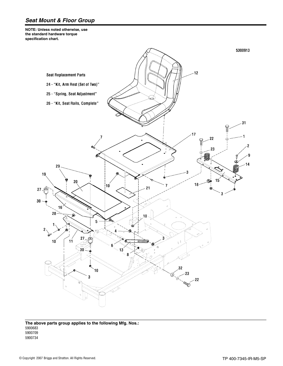 Seat mount & floor group | Briggs & Stratton 5900709 User Manual | Page 8 / 50