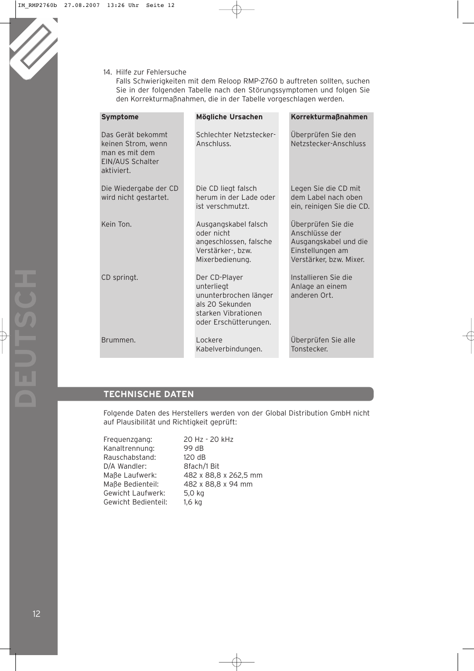 Deut sch | Reloop RMP-2760 User Manual | Page 12 / 38