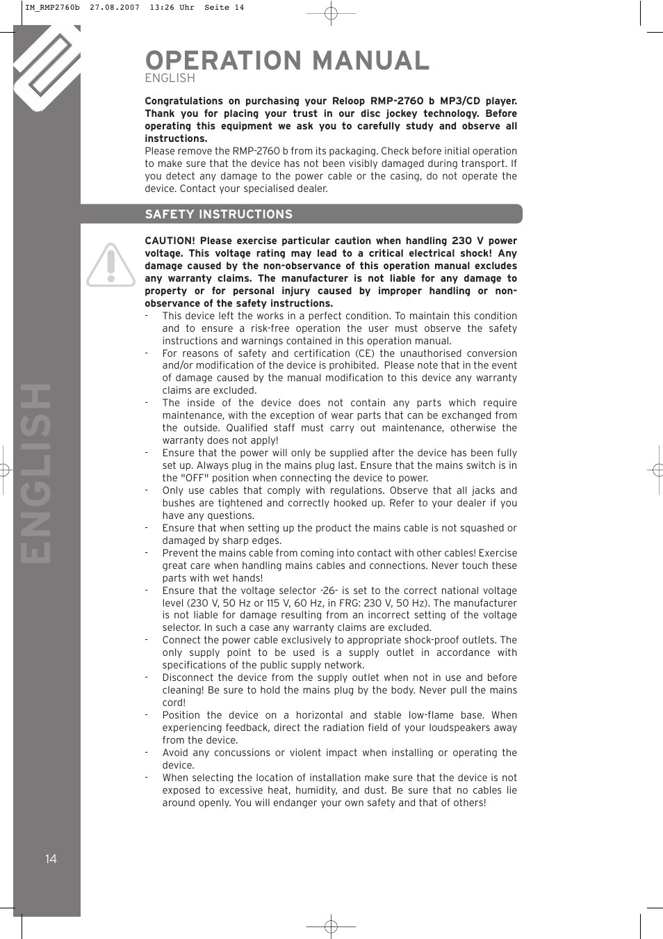 English, Operation manual | Reloop RMP-2760 User Manual | Page 14 / 38