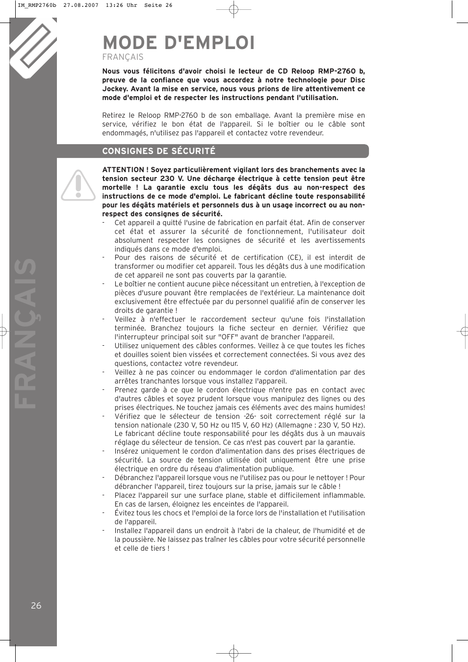 Fr ançais, Mode d'emploi | Reloop RMP-2760 User Manual | Page 26 / 38
