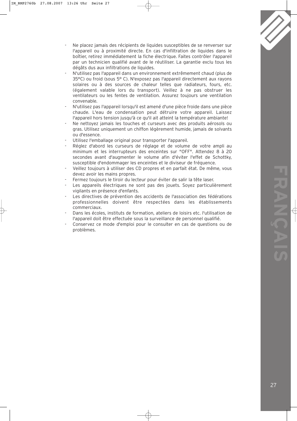 Fr ançais | Reloop RMP-2760 User Manual | Page 27 / 38