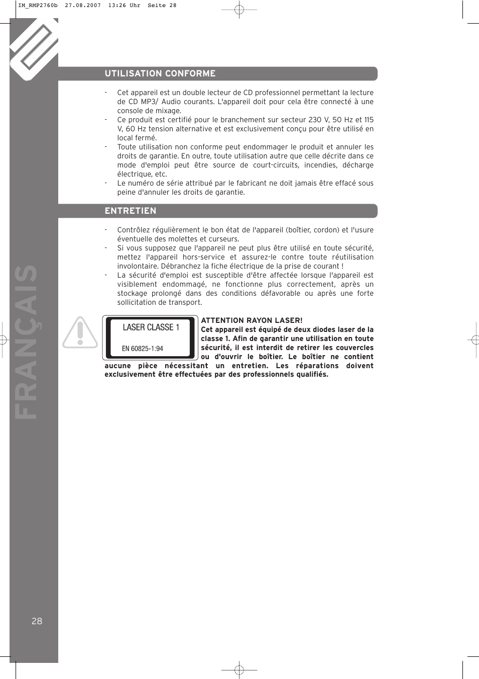 Fr ançais | Reloop RMP-2760 User Manual | Page 28 / 38