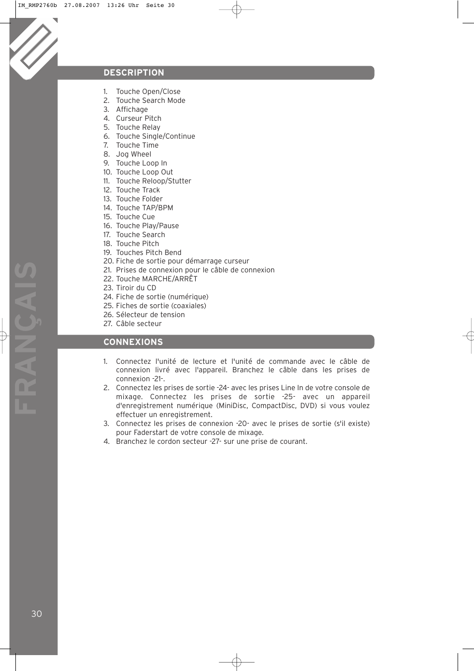 Fr ançais | Reloop RMP-2760 User Manual | Page 30 / 38