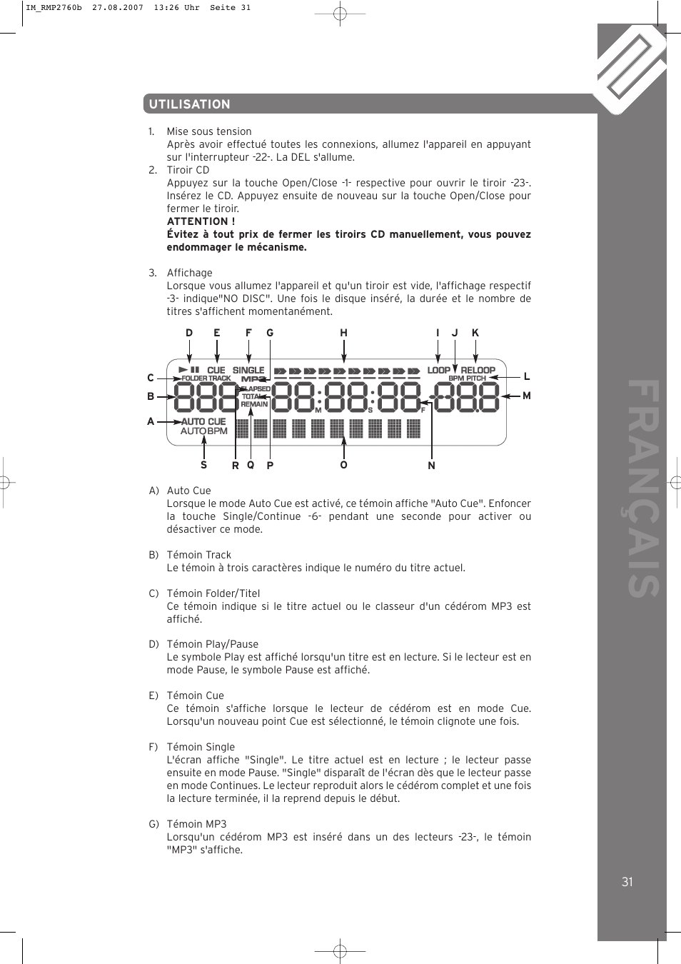 Fr ançais | Reloop RMP-2760 User Manual | Page 31 / 38
