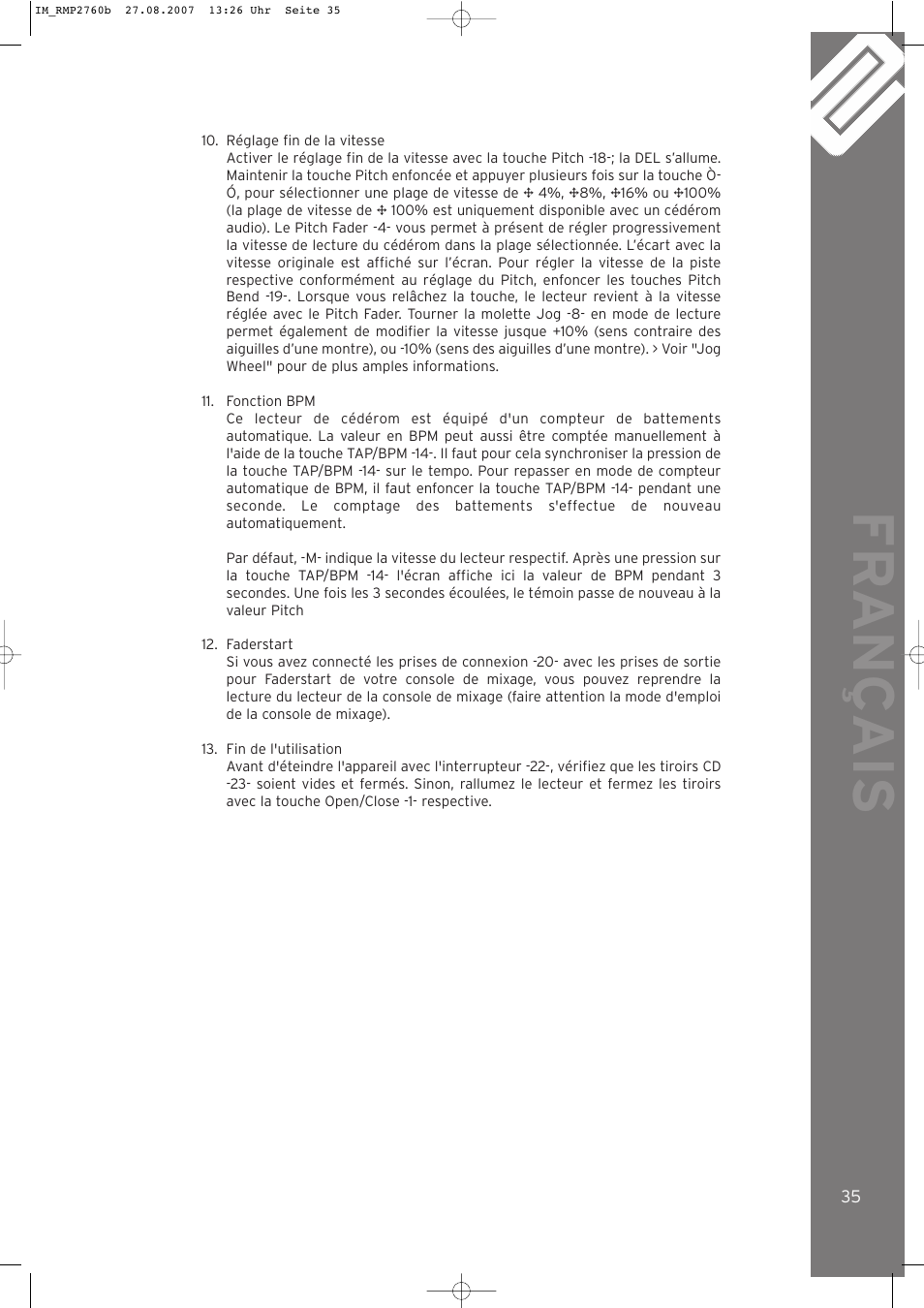 Fr ançais | Reloop RMP-2760 User Manual | Page 35 / 38