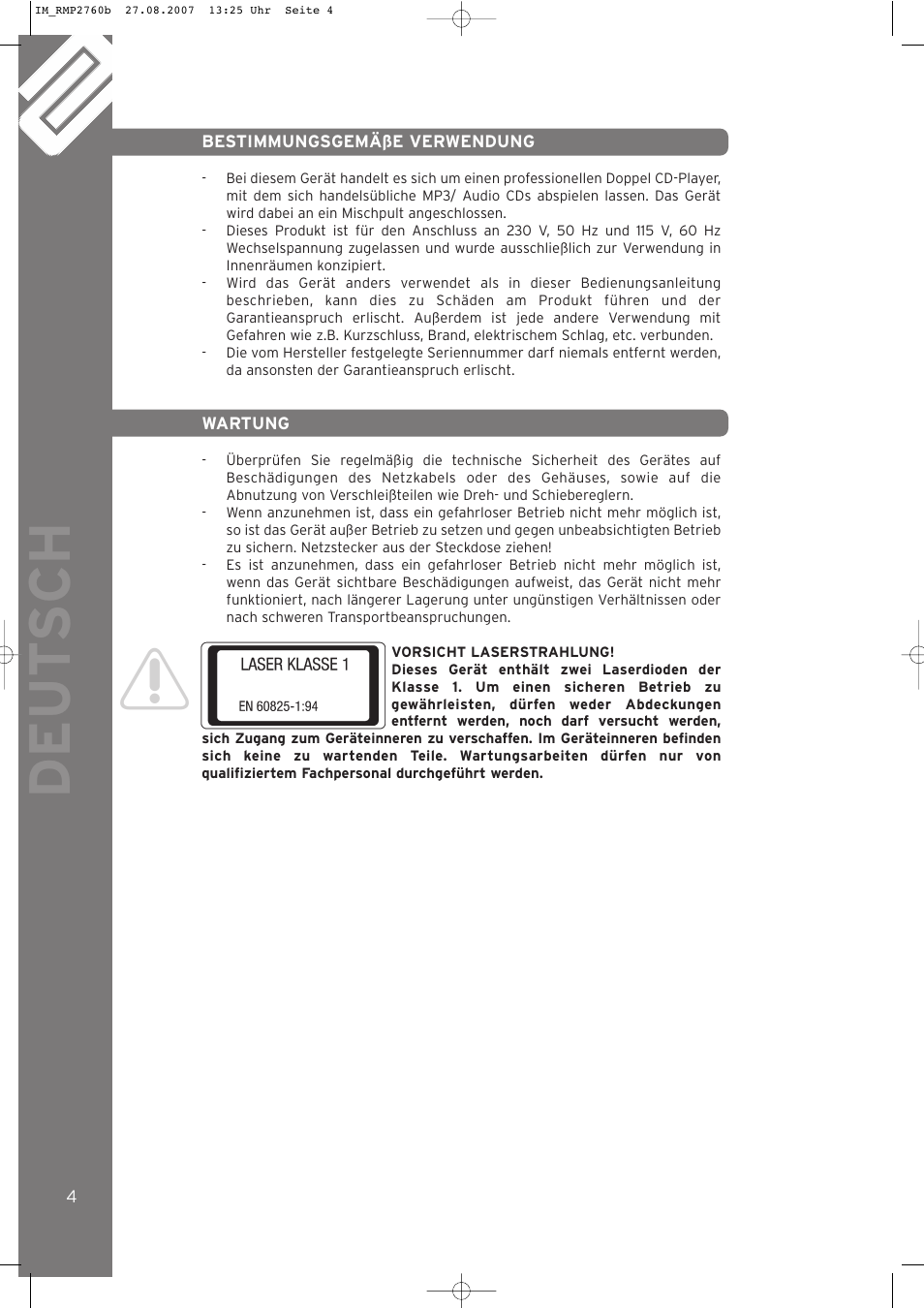 Deut sch | Reloop RMP-2760 User Manual | Page 4 / 38