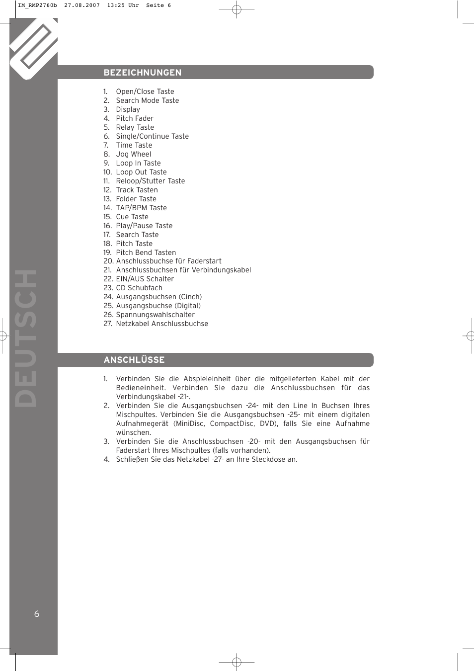 Deut sch | Reloop RMP-2760 User Manual | Page 6 / 38