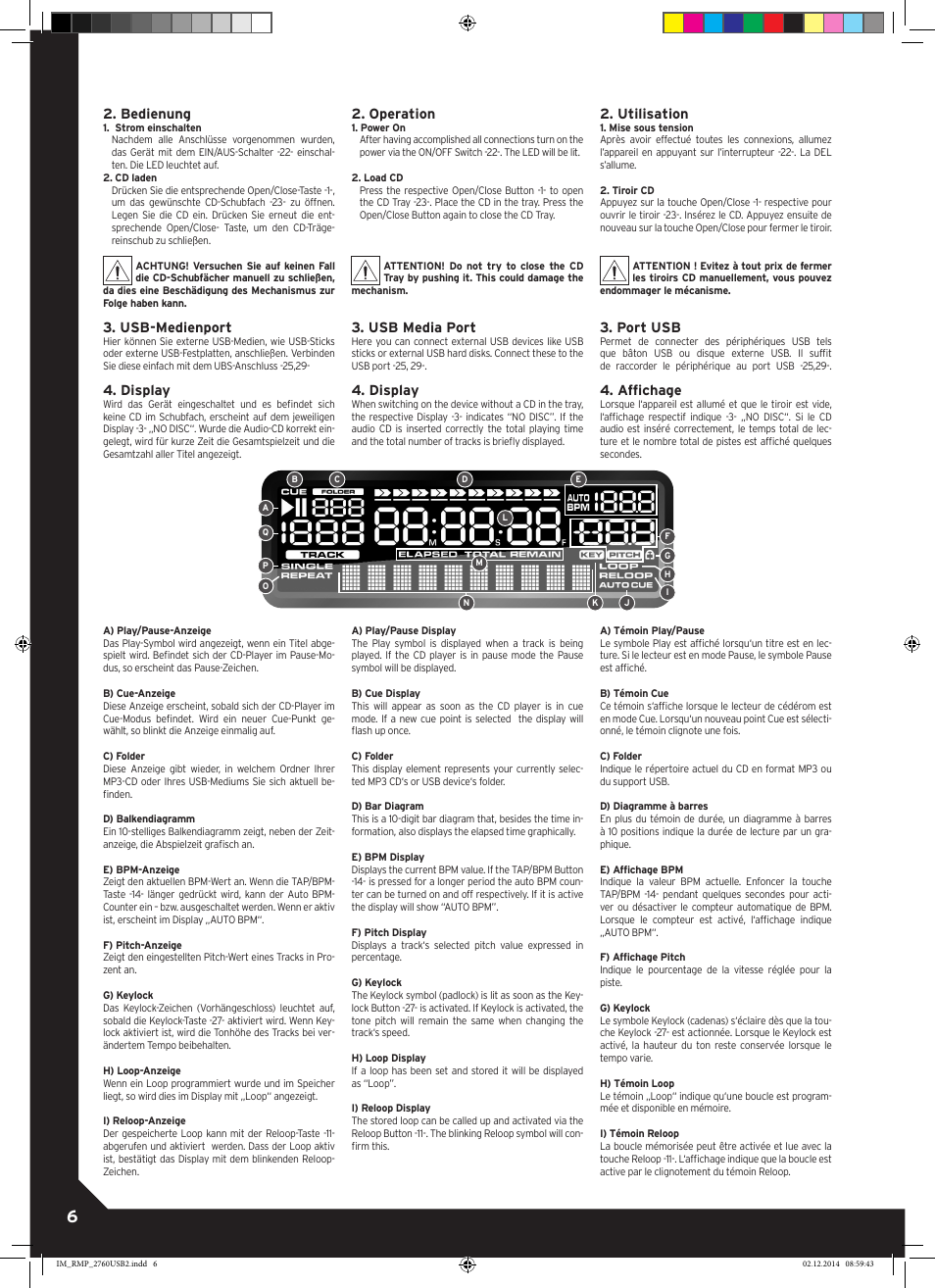 Bedienung, Usb-medienport, Display | Operation, Usb media port, Utilisation, Port usb, Affichage | Reloop RMP-2760 USB User Manual | Page 6 / 16
