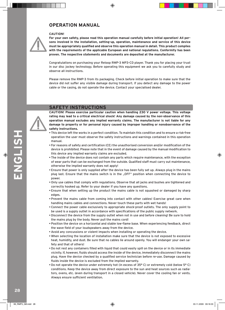 English, Operation manual, Safety instructions | Reloop RMP-3 User Manual | Page 28 / 80