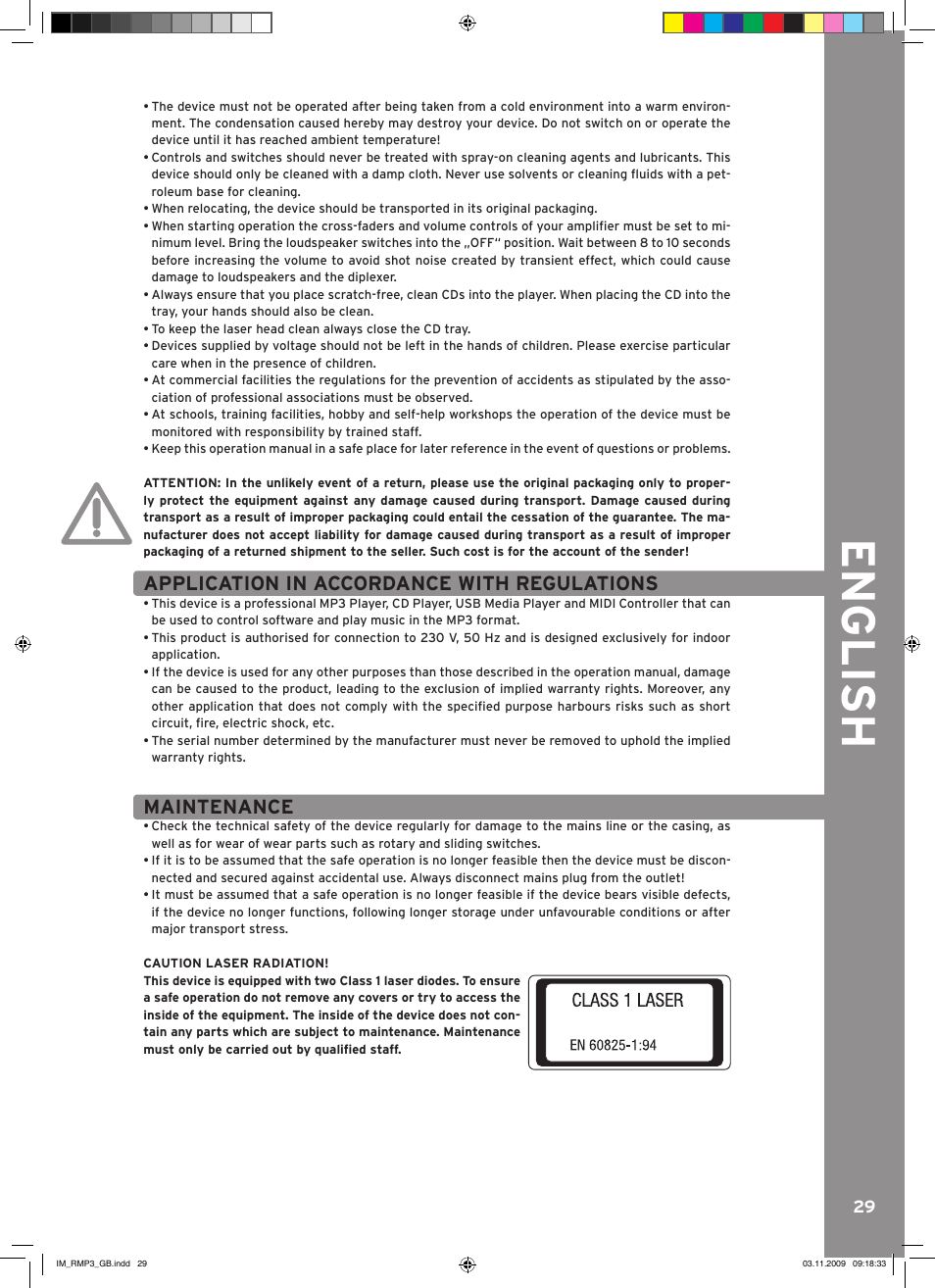English, Application in accordance with regulations, Maintenance | Reloop RMP-3 User Manual | Page 29 / 80