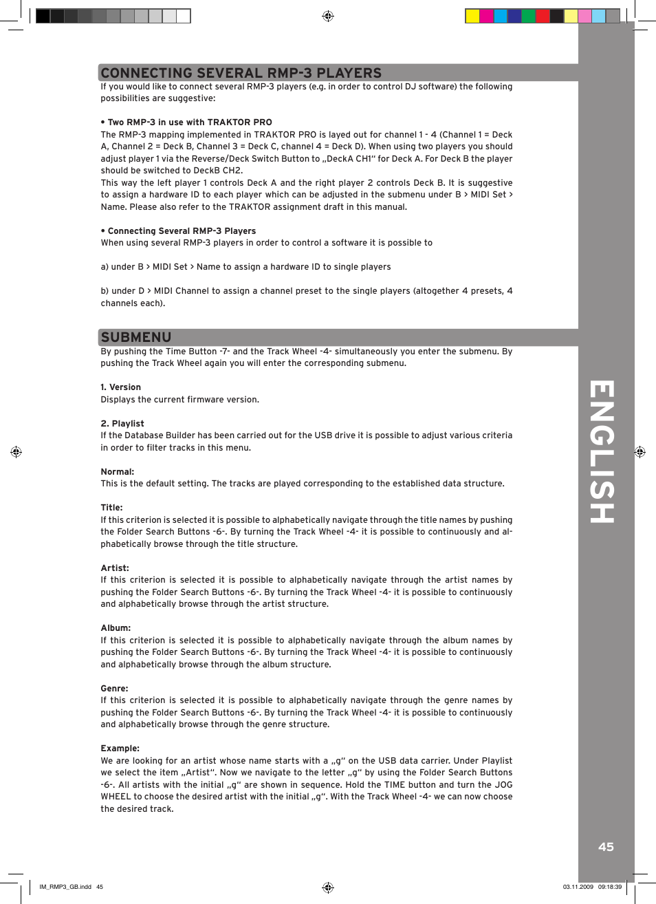 English, Connecting several rmp-3 players, Submenu | Reloop RMP-3 User Manual | Page 45 / 80