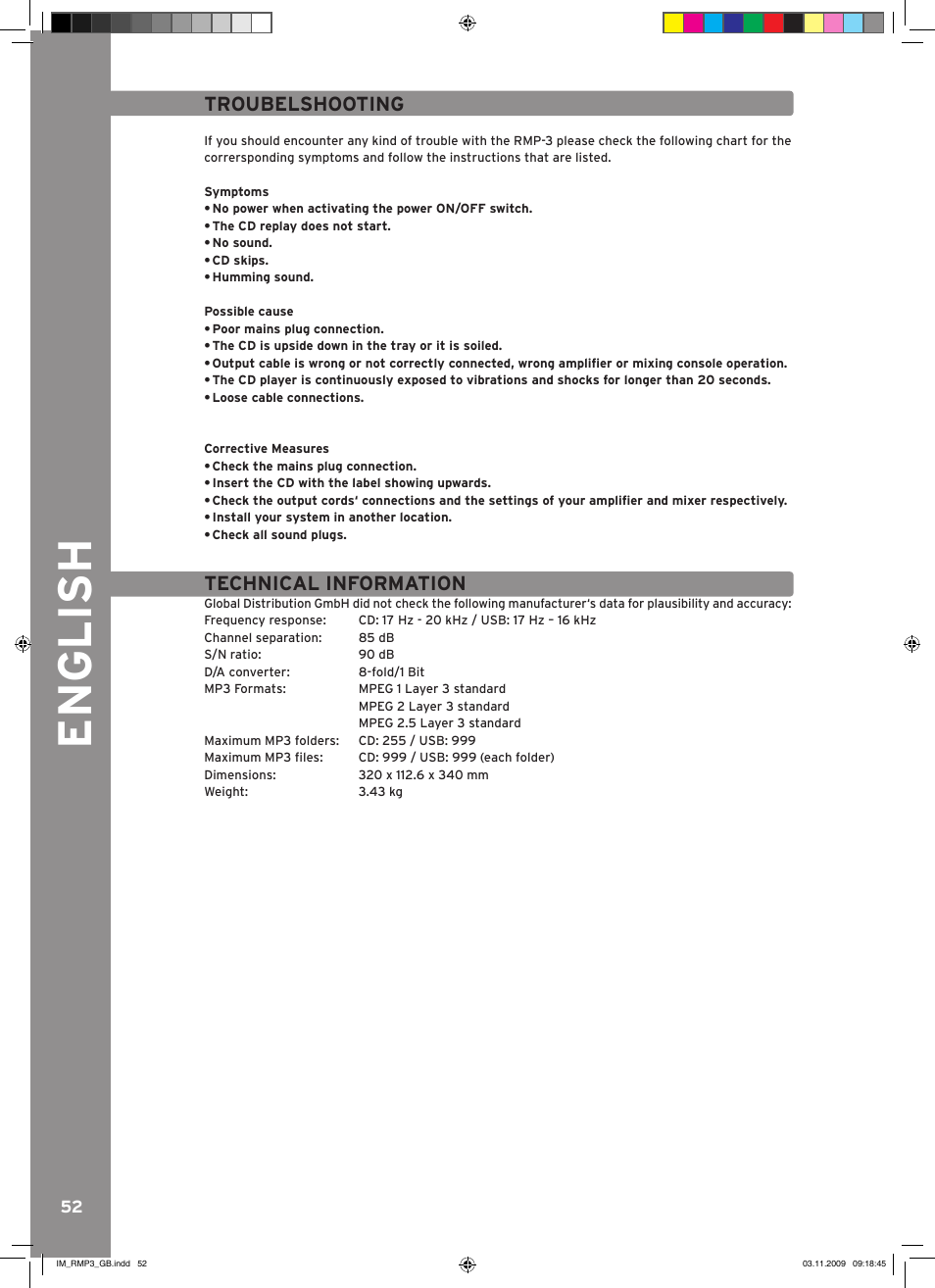 English, Troubelshooting, Technical information | Reloop RMP-3 User Manual | Page 52 / 80