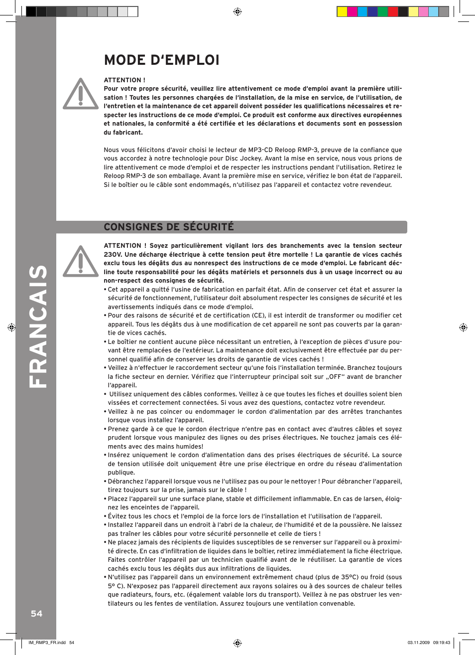 Fr anc ais, Mode d‘emploi, Consignes de sécurité | Reloop RMP-3 User Manual | Page 54 / 80