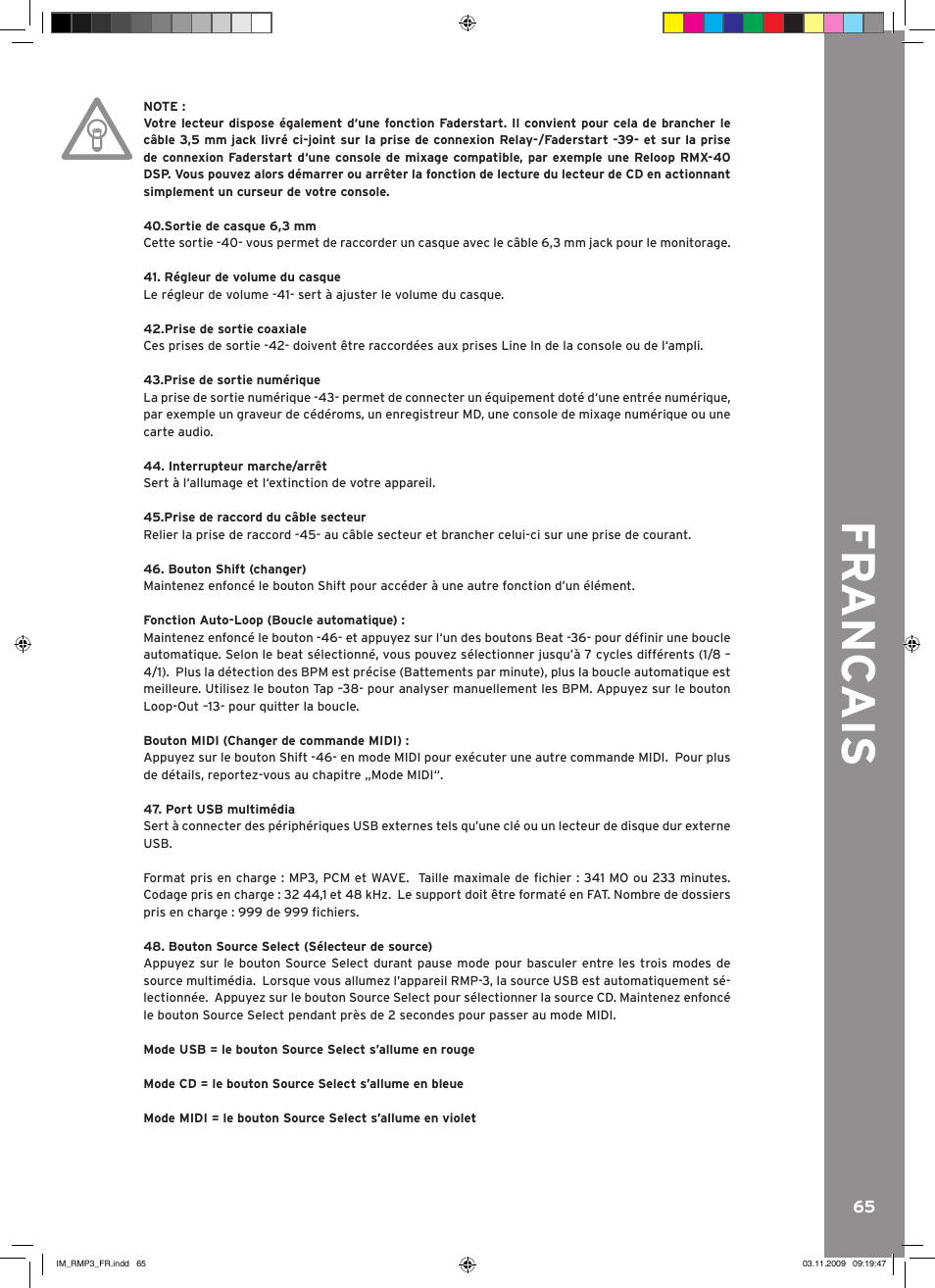 Fr anc ais | Reloop RMP-3 User Manual | Page 65 / 80