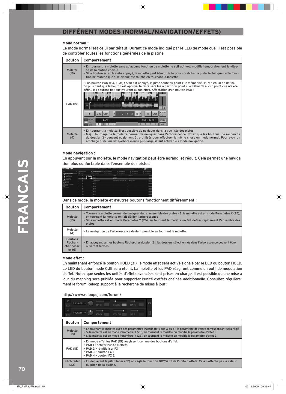 Fr anc ais, Différent modes (normal/navigation/effets) | Reloop RMP-3 User Manual | Page 70 / 80