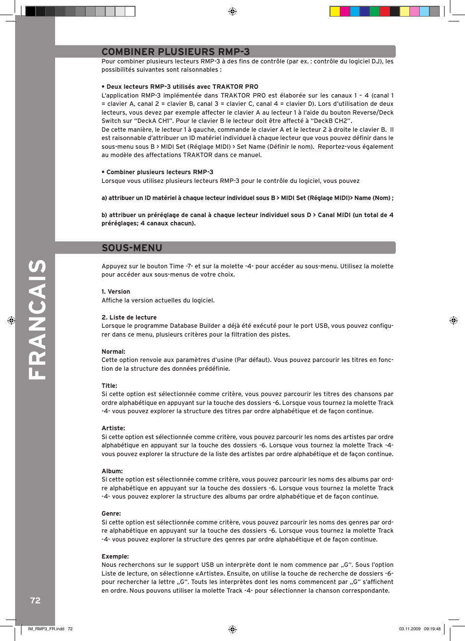 Fr anc ais | Reloop RMP-3 User Manual | Page 72 / 80