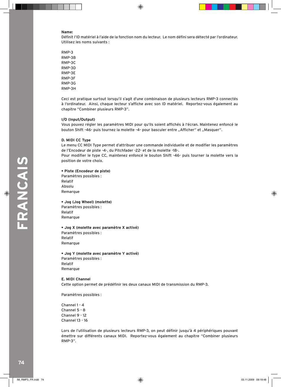Fr anc ais | Reloop RMP-3 User Manual | Page 74 / 80