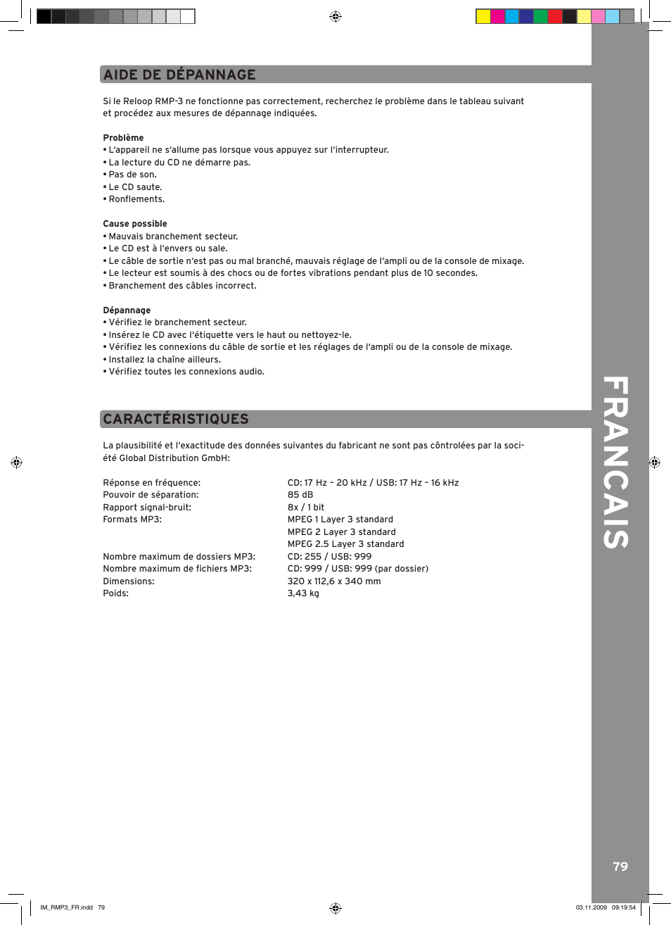 Fr anc ais, Aide de dépannage, Caractéristiques | Reloop RMP-3 User Manual | Page 79 / 80