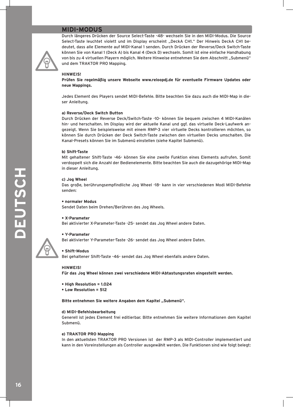 Deu t s ch | Reloop RMP-3 ALPHA LTD. User Manual | Page 16 / 80