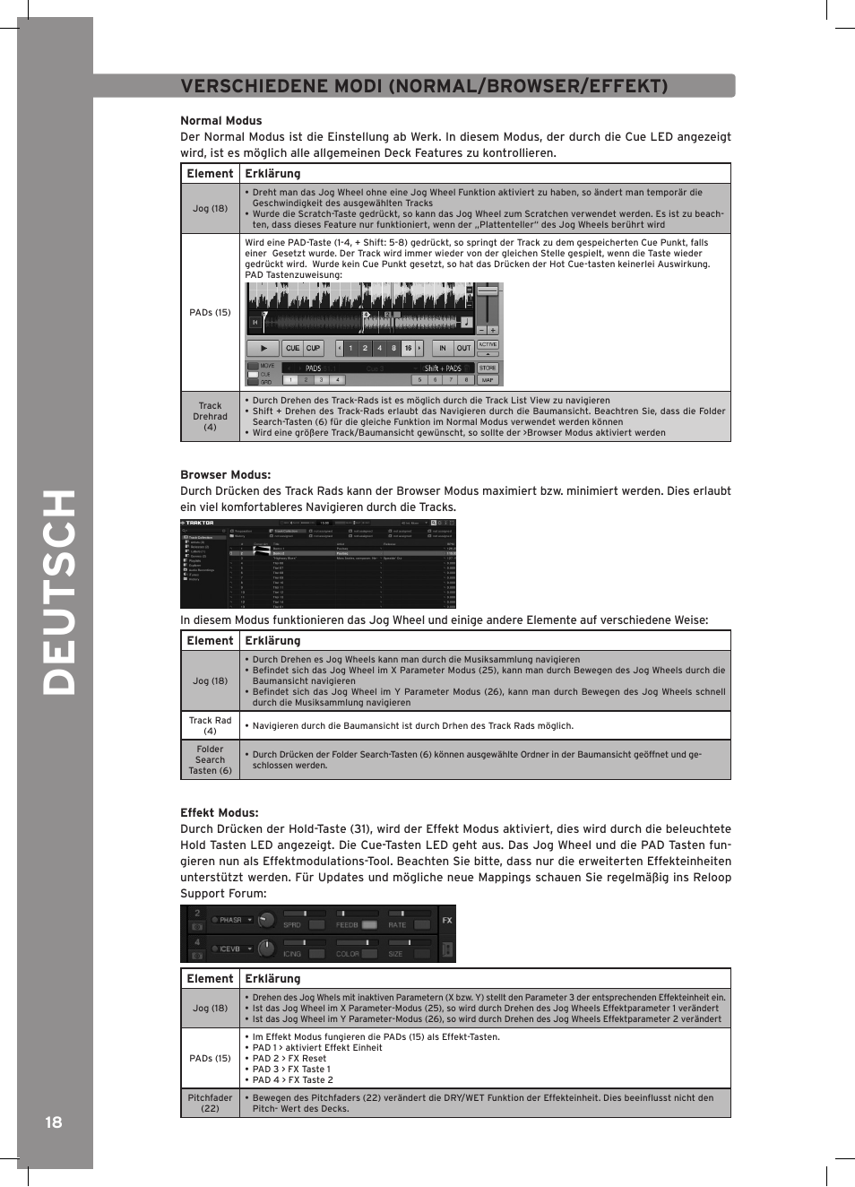 Deu t s ch, Verschiedene modi (normal/browser/effekt) | Reloop RMP-3 ALPHA LTD. User Manual | Page 18 / 80