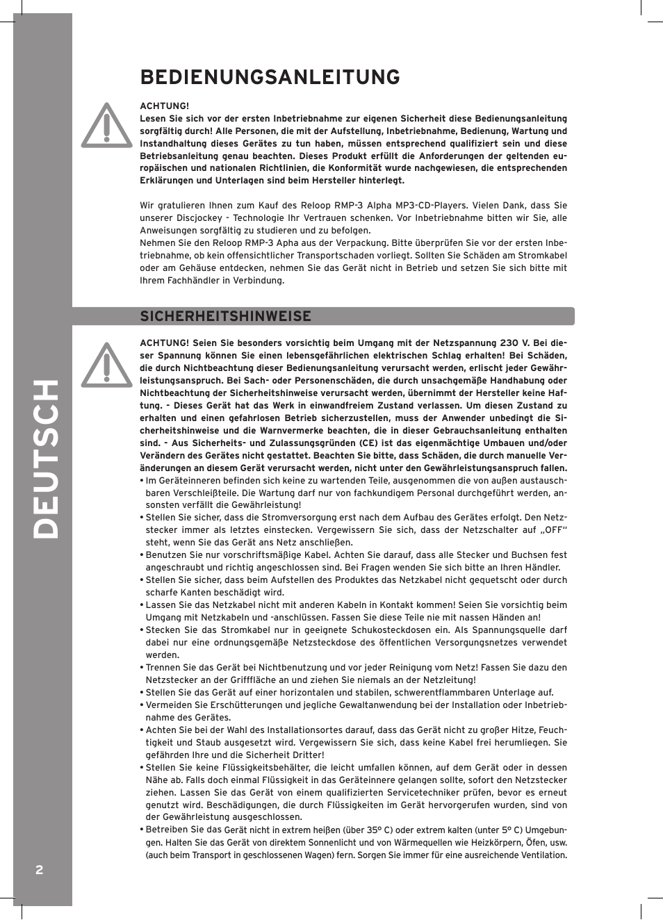Deu t s ch, Bedienungsanleitung | Reloop RMP-3 ALPHA LTD. User Manual | Page 2 / 80