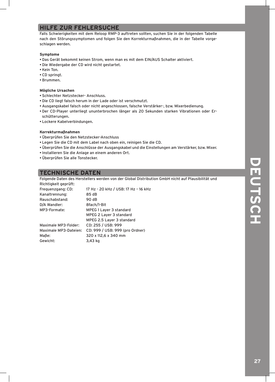 Deu t s ch | Reloop RMP-3 ALPHA LTD. User Manual | Page 27 / 80