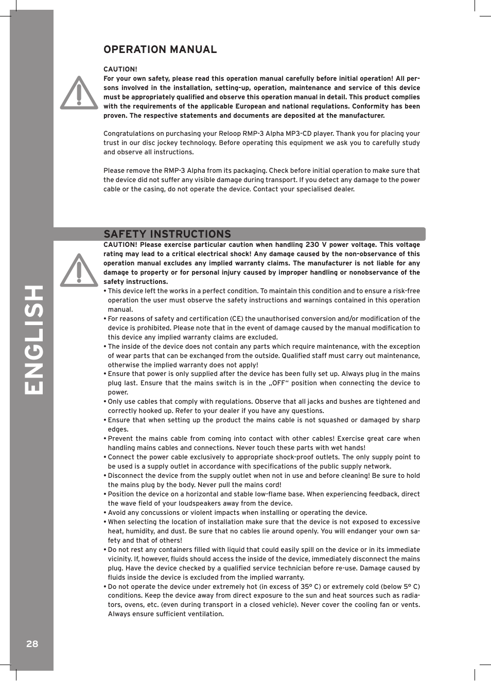 English, Operation manual, Safety instructions | Reloop RMP-3 ALPHA LTD. User Manual | Page 28 / 80