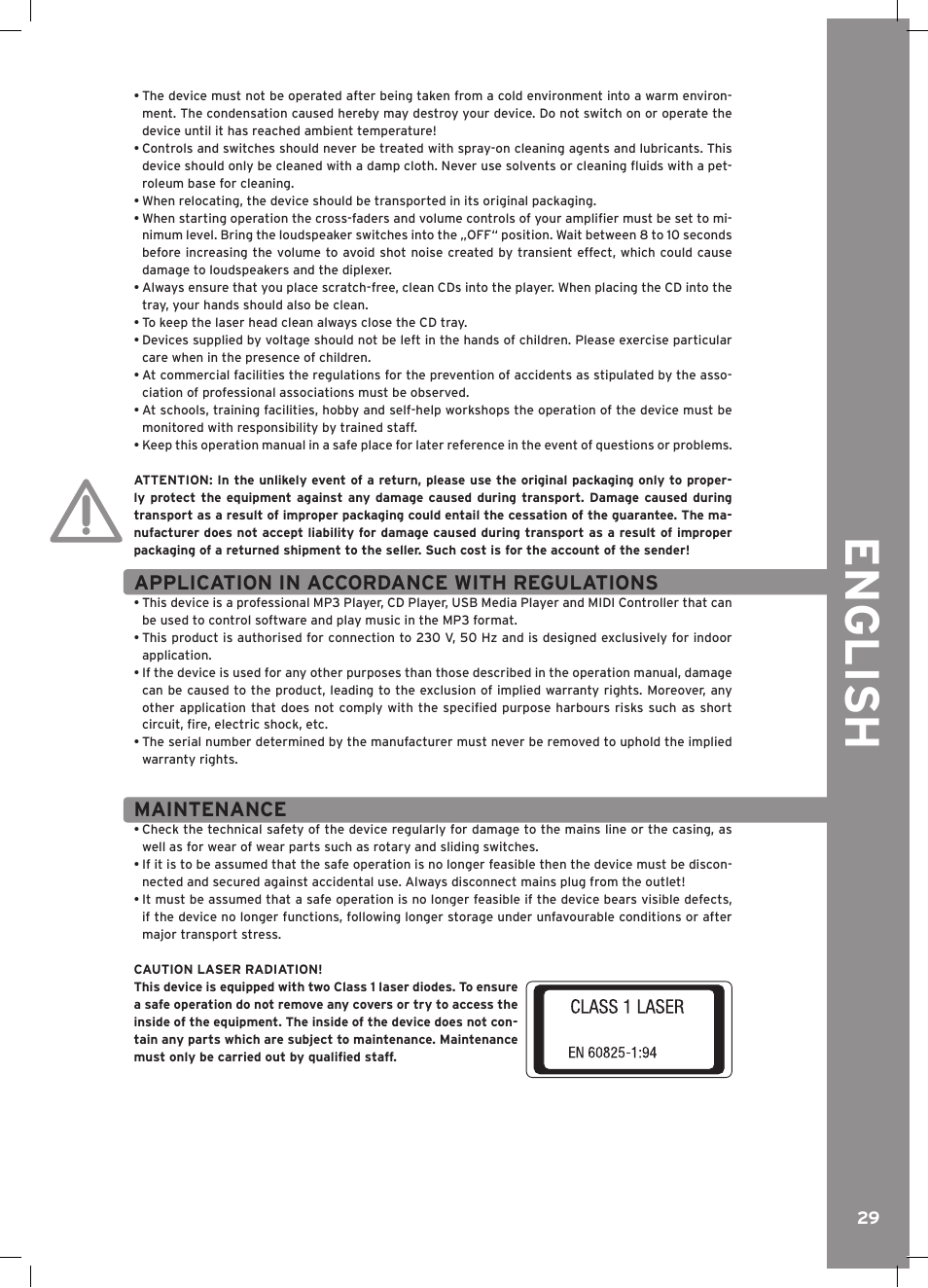 English, Application in accordance with regulations, Maintenance | Reloop RMP-3 ALPHA LTD. User Manual | Page 29 / 80