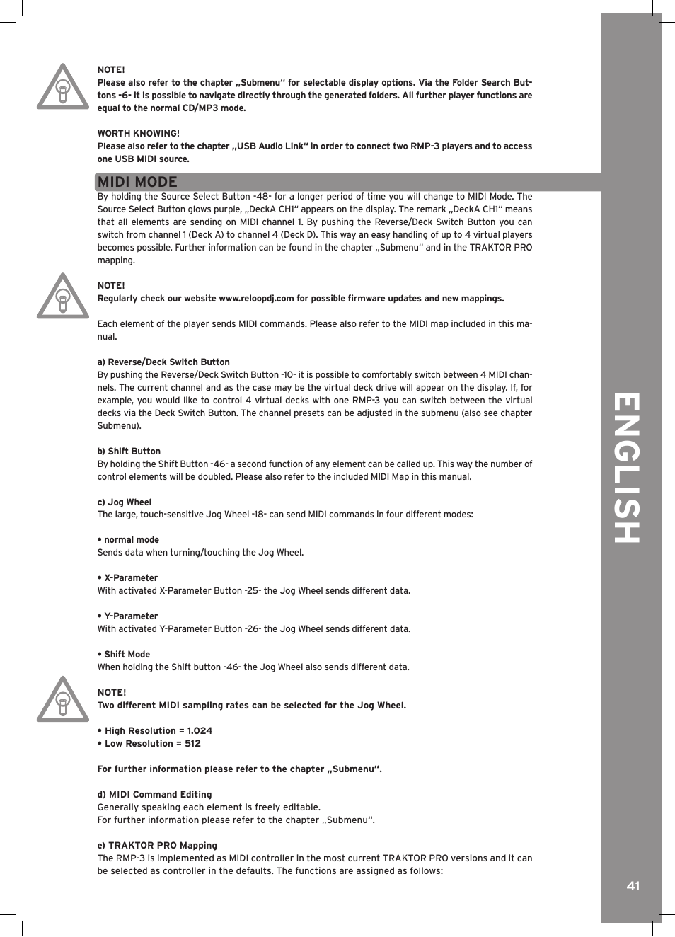 English, Midi mode | Reloop RMP-3 ALPHA LTD. User Manual | Page 41 / 80