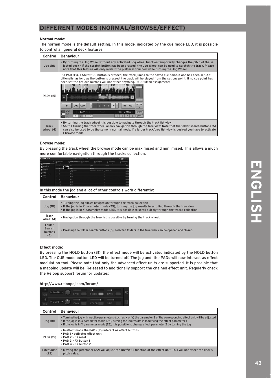 English, Different modes (normal/browse/effect) | Reloop RMP-3 ALPHA LTD. User Manual | Page 43 / 80