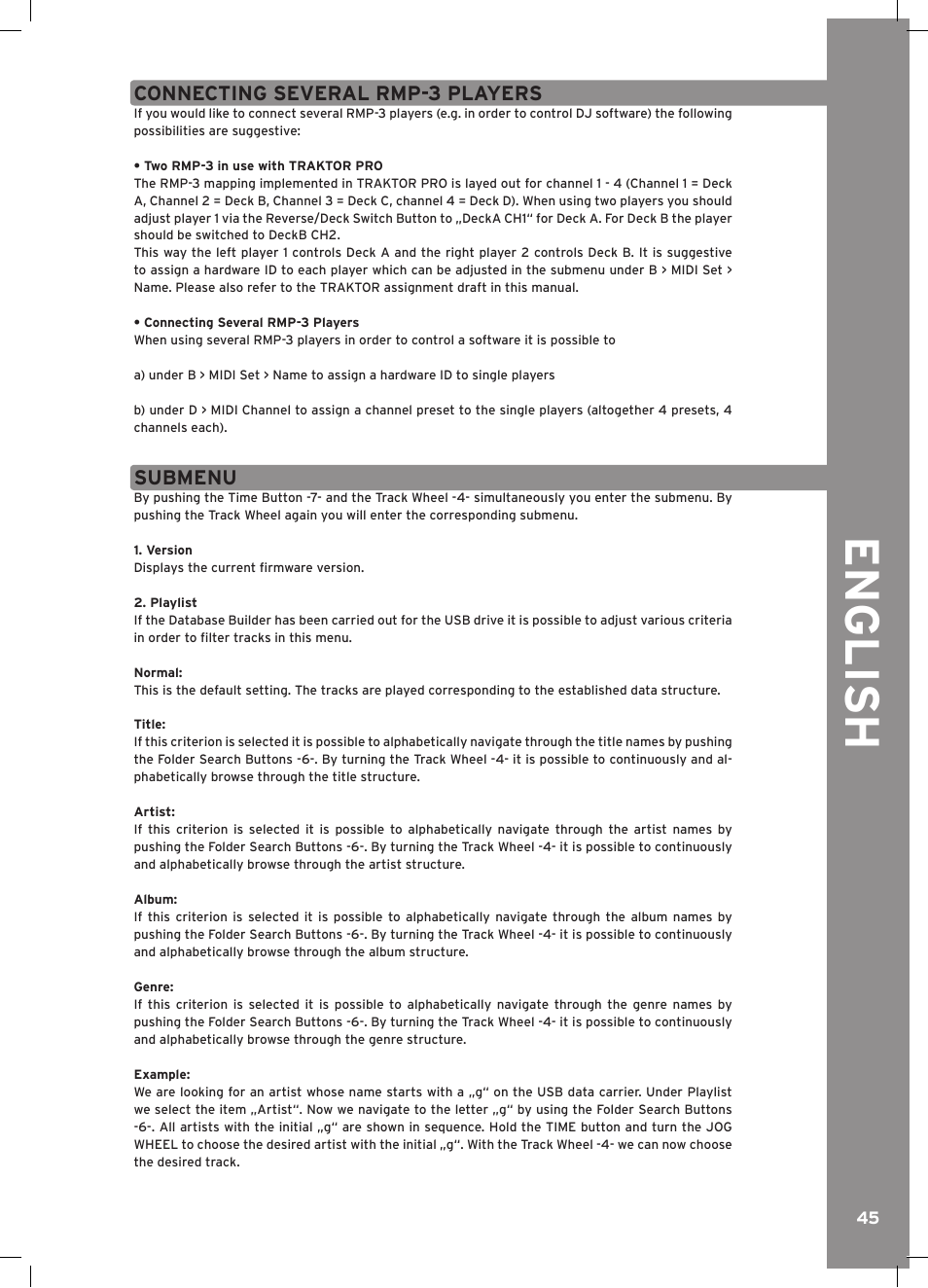 English, Connecting several rmp-3 players, Submenu | Reloop RMP-3 ALPHA LTD. User Manual | Page 45 / 80