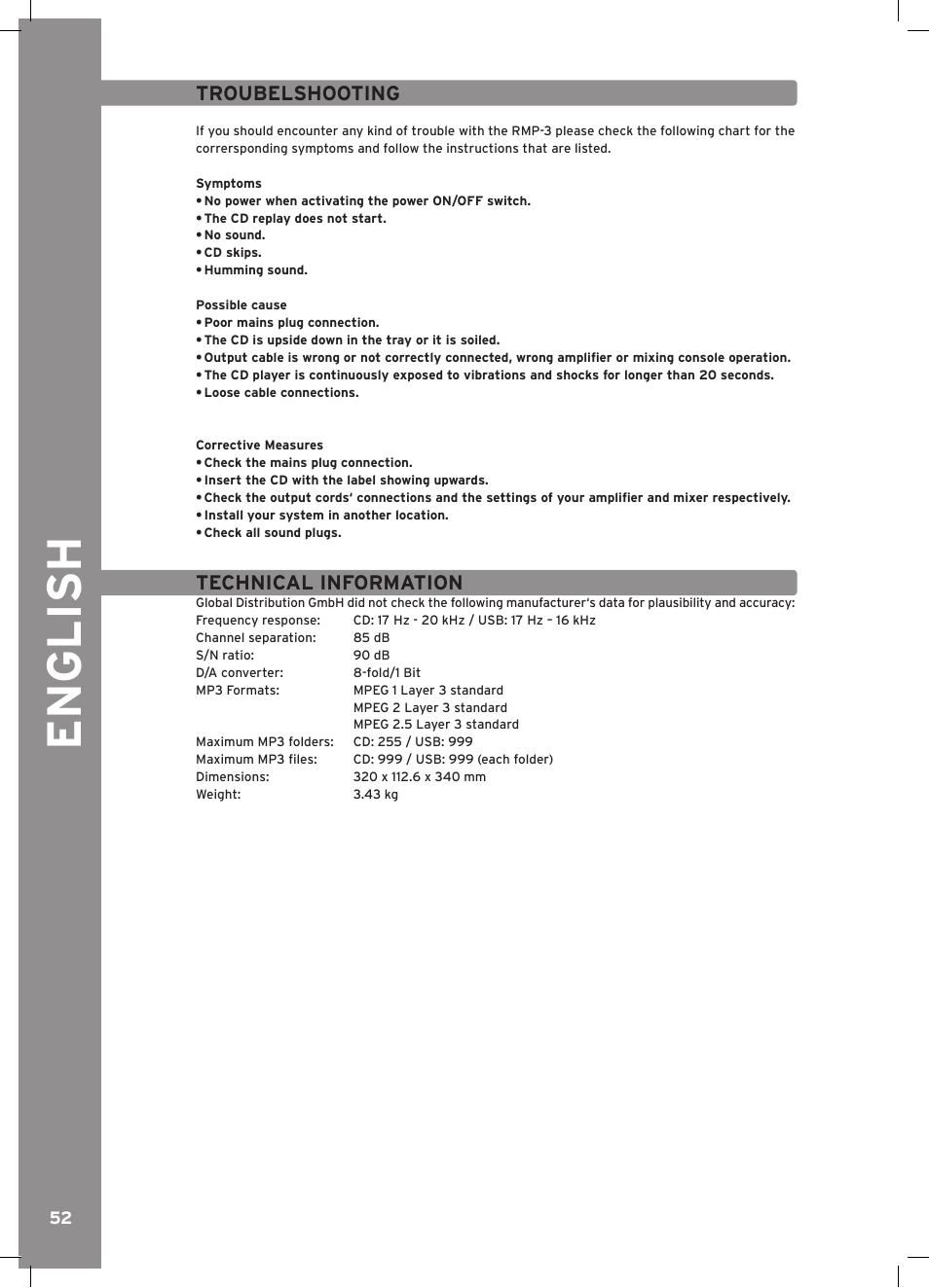 English, Troubelshooting, Technical information | Reloop RMP-3 ALPHA LTD. User Manual | Page 52 / 80