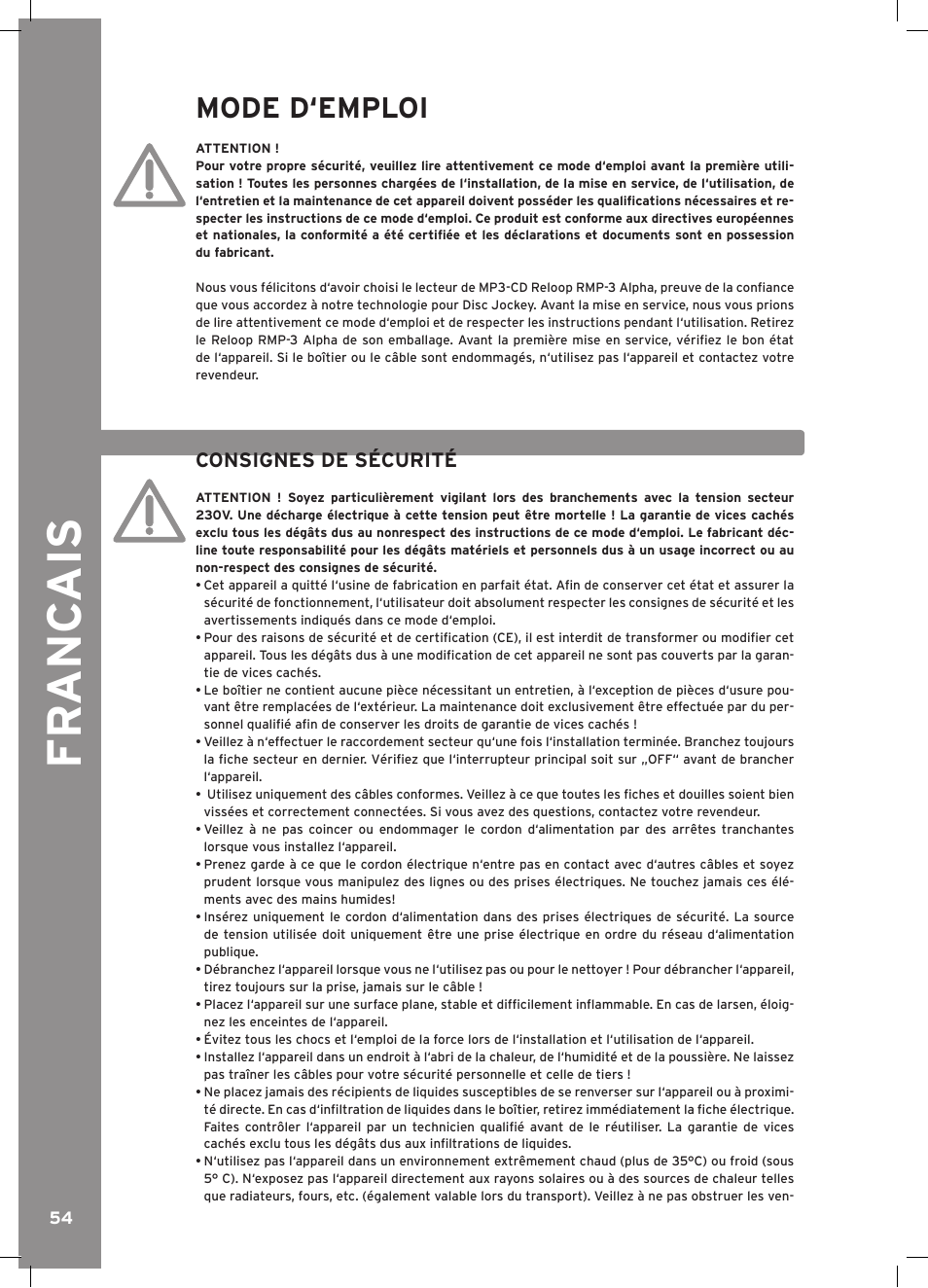 Fr anc ais, Mode d‘emploi | Reloop RMP-3 ALPHA LTD. User Manual | Page 54 / 80