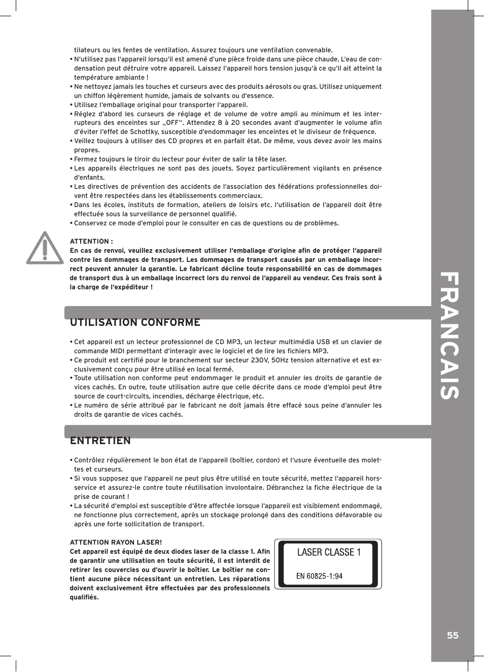 Fr anc ais, Utilisation conforme, Entretien | Reloop RMP-3 ALPHA LTD. User Manual | Page 55 / 80