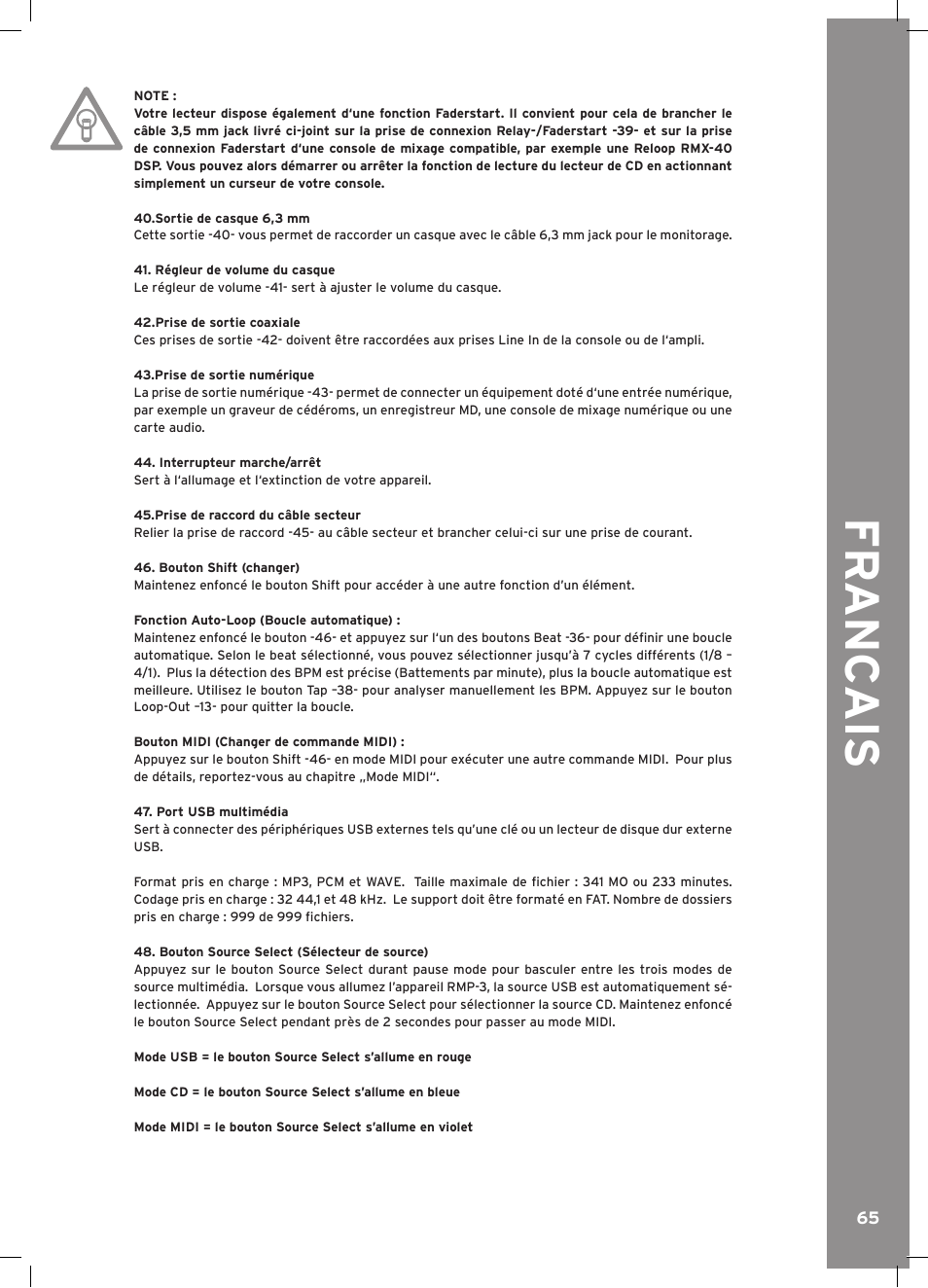 Fr anc ais | Reloop RMP-3 ALPHA LTD. User Manual | Page 65 / 80