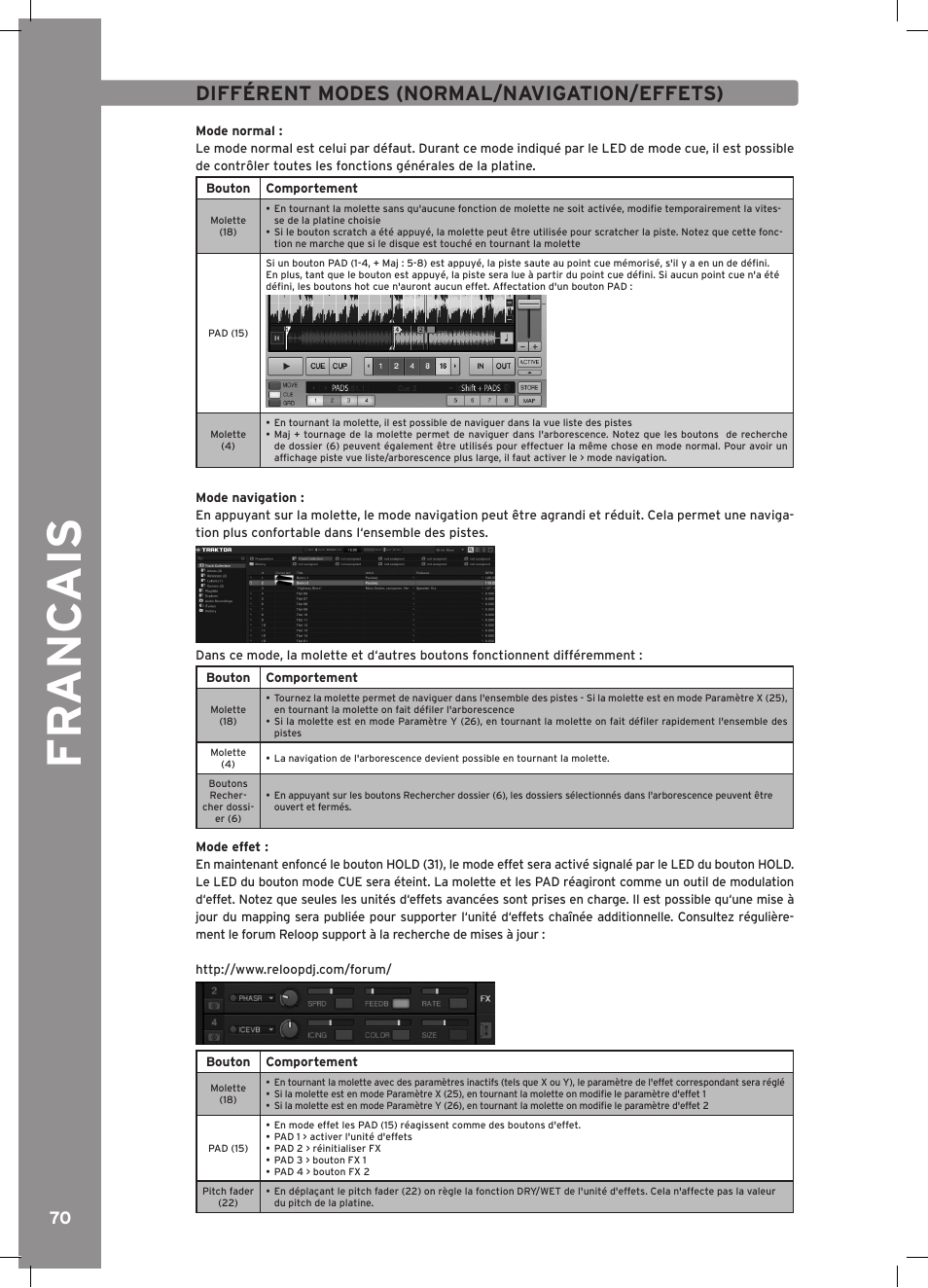 Fr anc ais, Différent modes (normal/navigation/effets) | Reloop RMP-3 ALPHA LTD. User Manual | Page 70 / 80