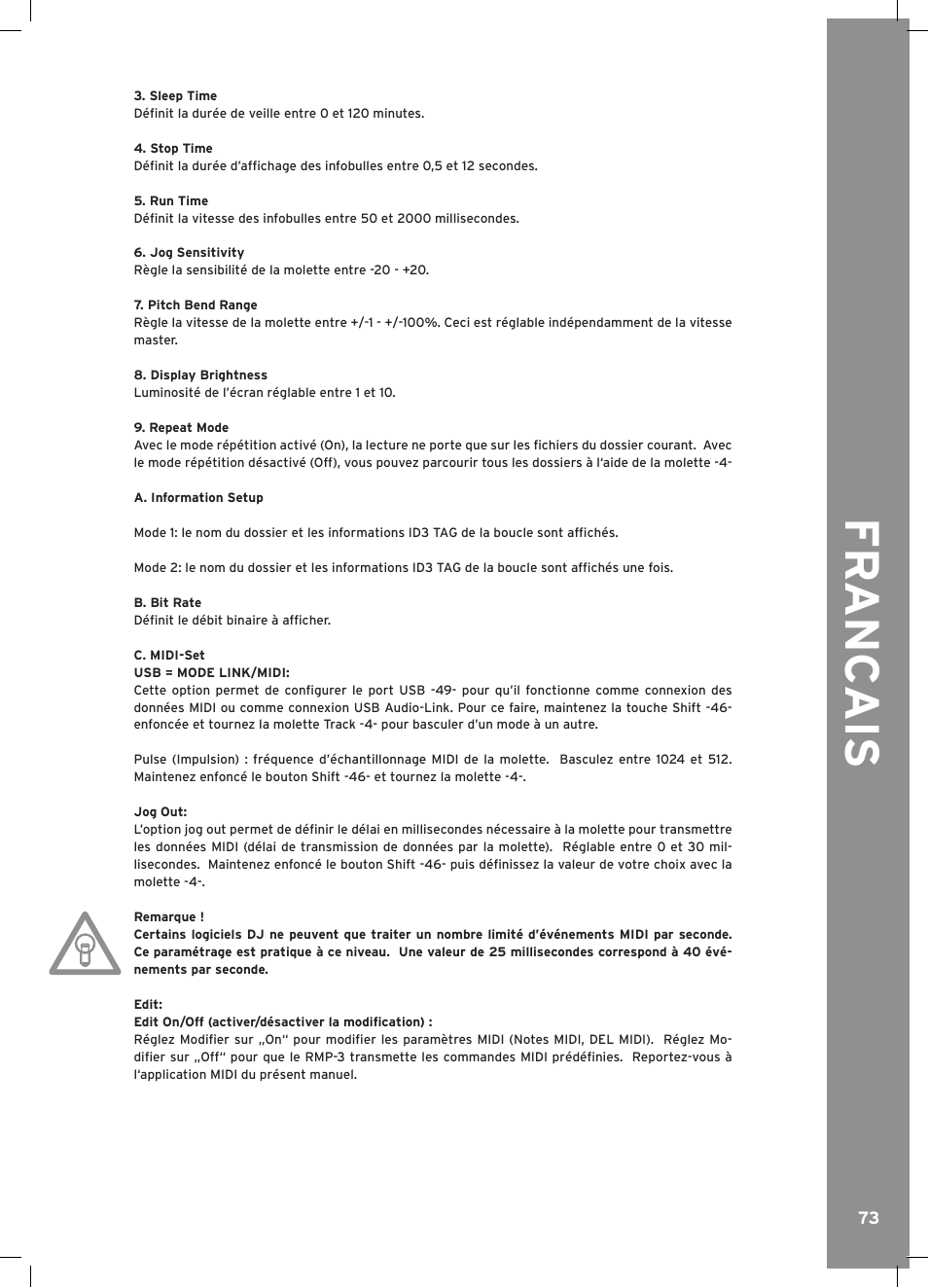 Fr anc ais | Reloop RMP-3 ALPHA LTD. User Manual | Page 73 / 80