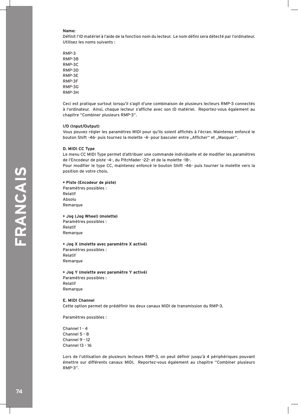 Fr anc ais | Reloop RMP-3 ALPHA LTD. User Manual | Page 74 / 80