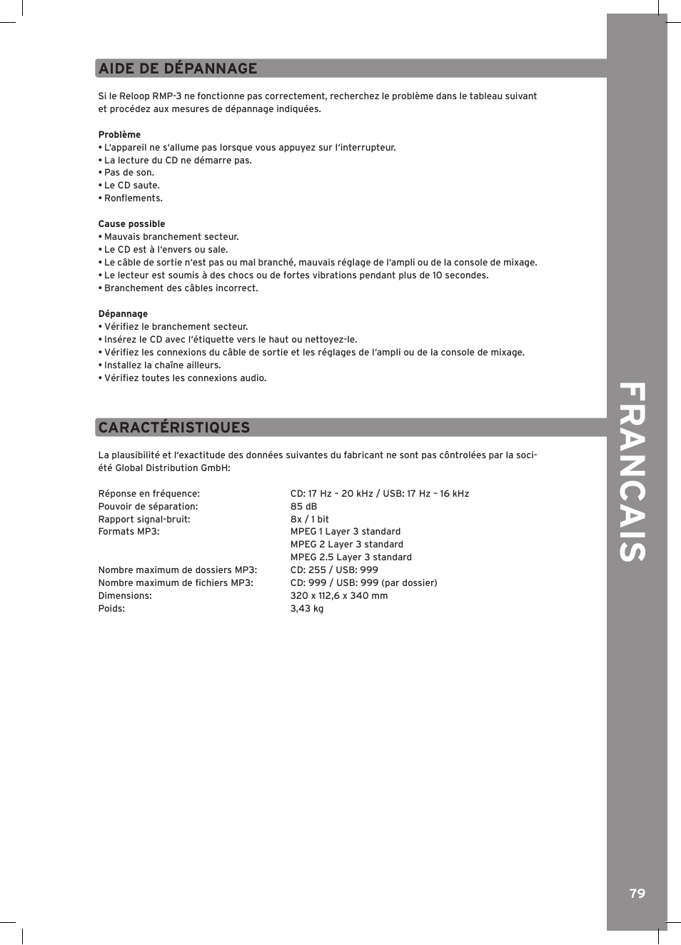 Fr anc ais, Aide de dépannage, Caractéristiques | Reloop RMP-3 ALPHA LTD. User Manual | Page 79 / 80