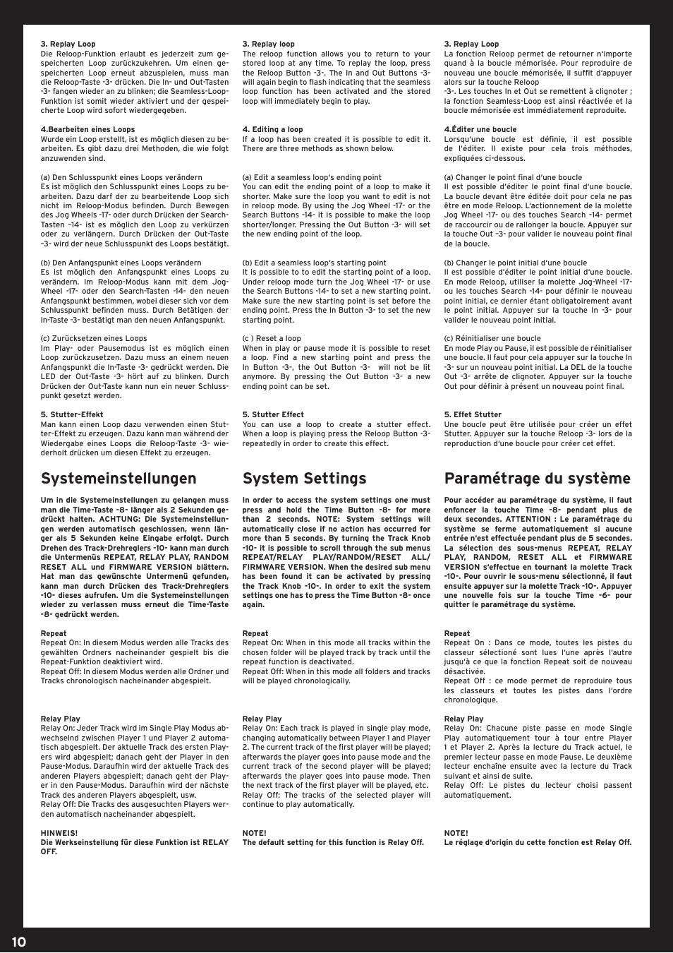 Systemeinstellungen, System settings, Paramétrage du système | Reloop SMP-1 USB User Manual | Page 10 / 12