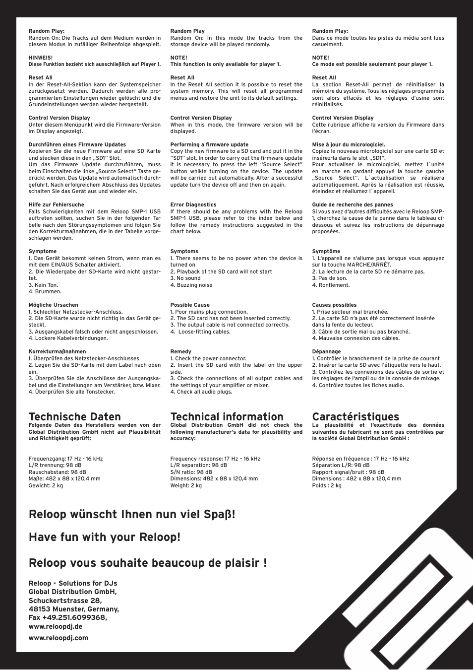 Technische daten, Technical information, Caractéristiques | Reloop SMP-1 USB User Manual | Page 11 / 12