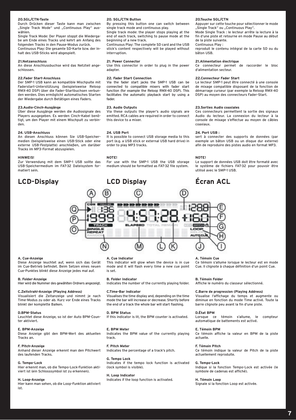 Lcd-display, Lcd display, Écran acl | Reloop SMP-1 USB User Manual | Page 7 / 12