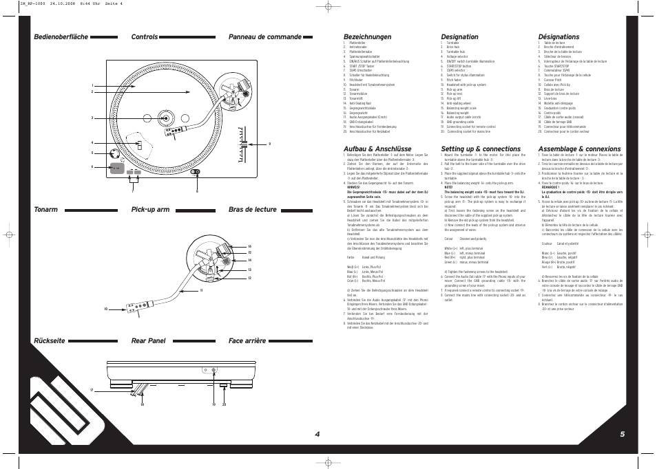 45 bezeichnungen, Aufbau & anschlüsse, Controls pick-up arm rear panel designation | Setting up & connections, Assemblage & connexions, Bedienoberfläche tonarm rückseite | Reloop RP-1000 MK3s User Manual | Page 5 / 8