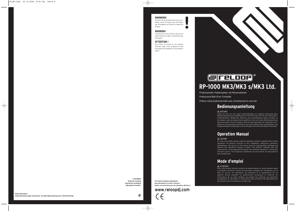 Bedienungsanleitung, Operation manual, Mode d'emploi | Reloop RP-1000 MK3s User Manual | Page 8 / 8