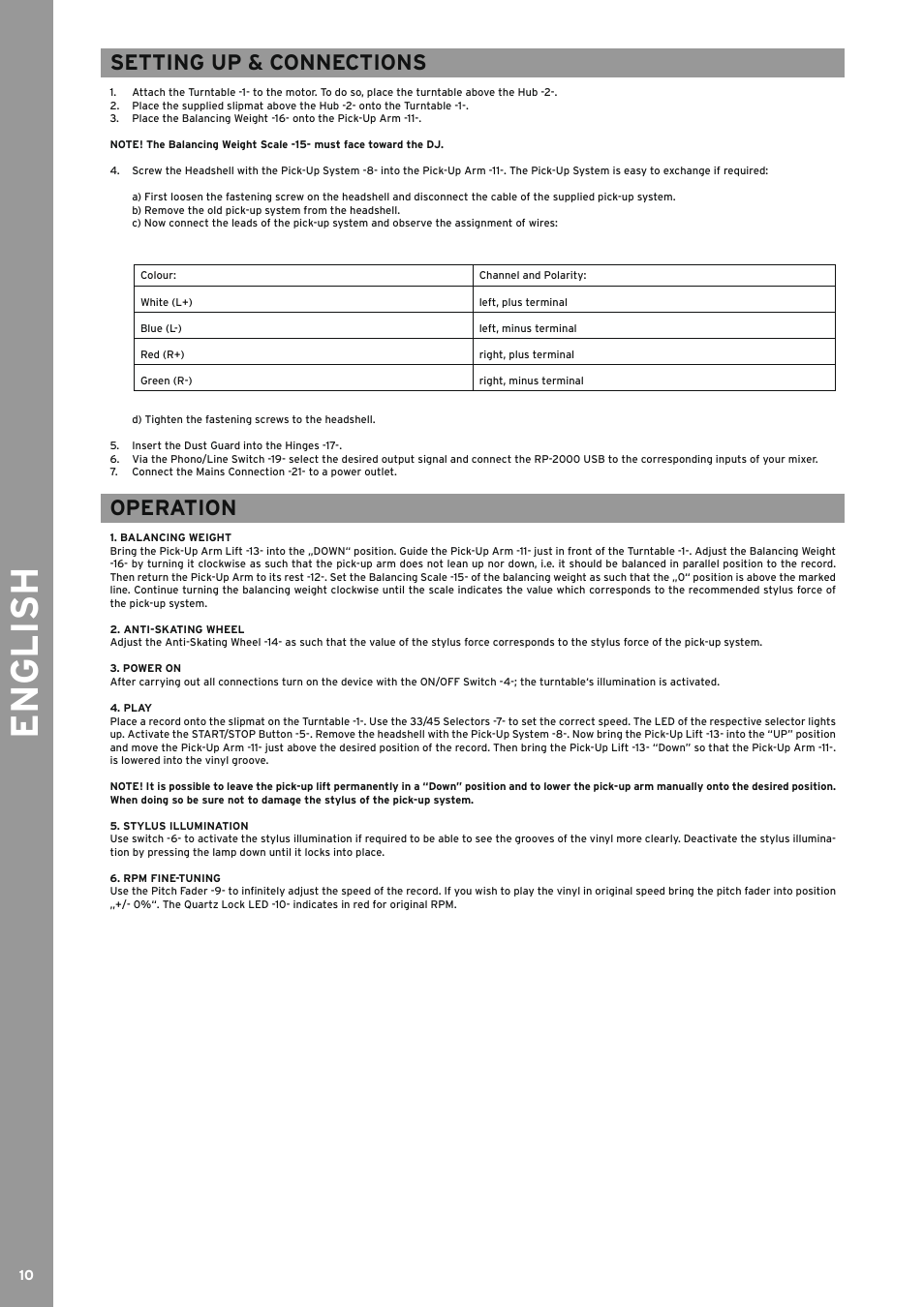 English, Setting up & connections, Operation | Reloop RP-2000 USB User Manual | Page 10 / 16