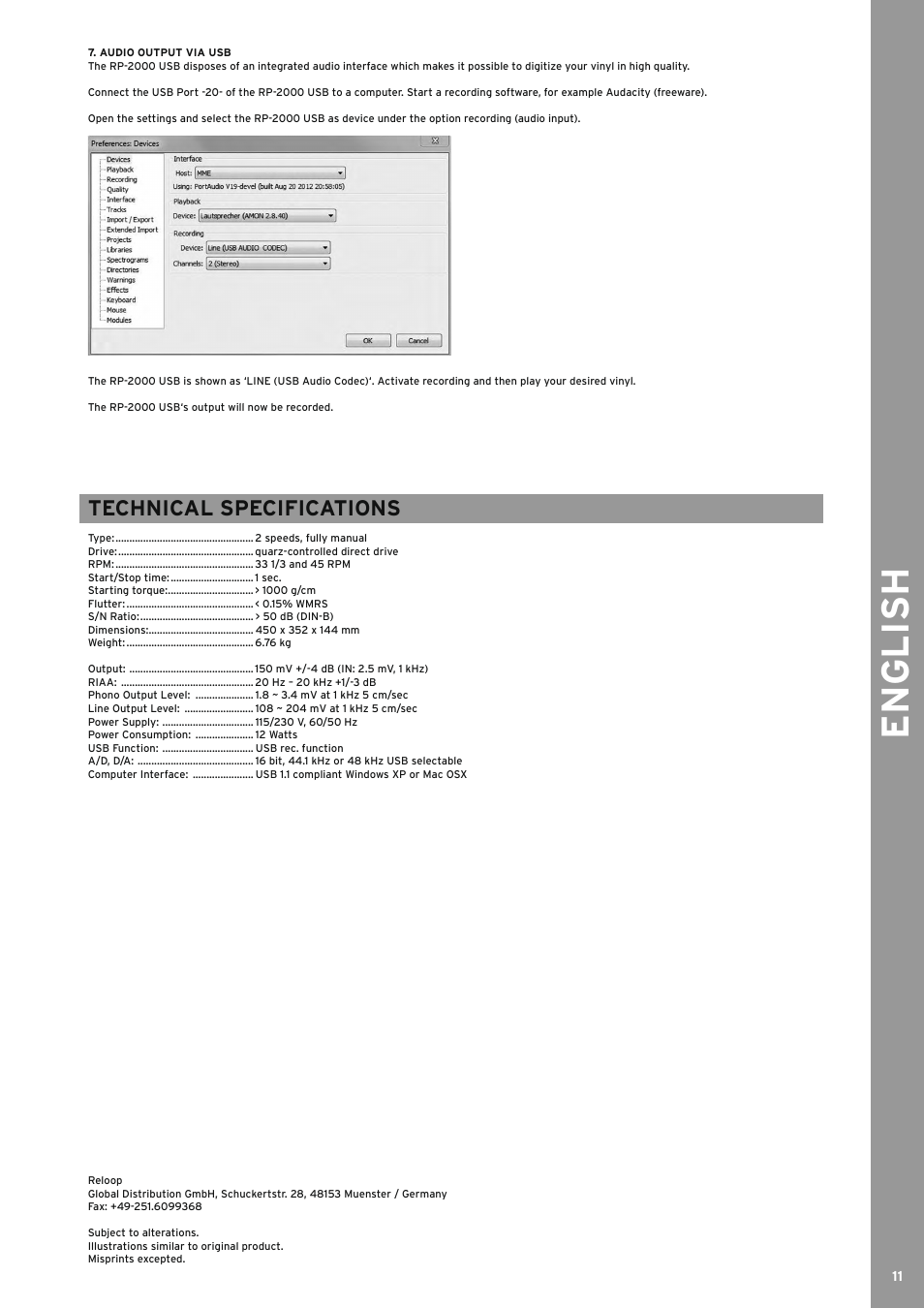 English, Technical specifications | Reloop RP-2000 USB User Manual | Page 11 / 16