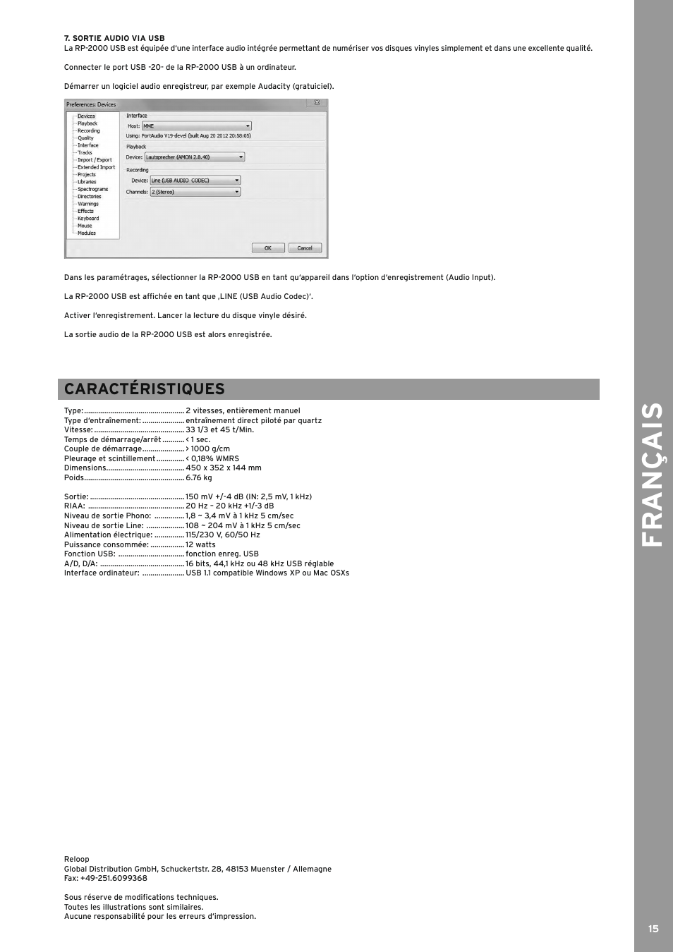Fr ançais, Caractéristiques | Reloop RP-2000 USB User Manual | Page 15 / 16
