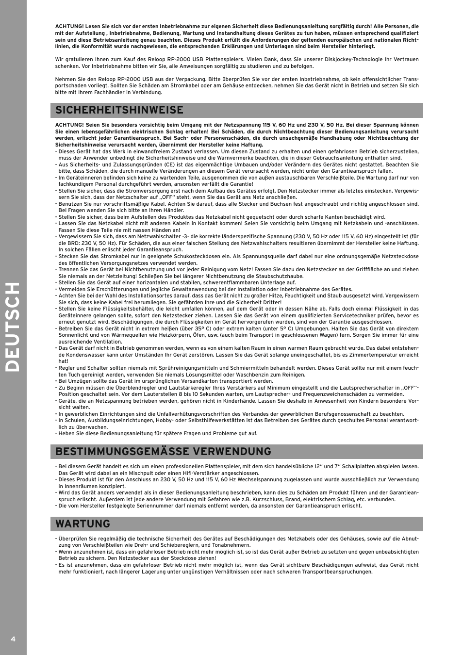 De ut s ch, Sicherheitshinweise, Bestimmungsgemässe verwendung | Wartung | Reloop RP-2000 USB User Manual | Page 4 / 16