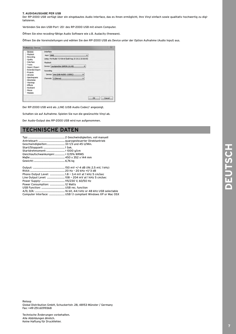De ut s ch, Technische daten | Reloop RP-2000 USB User Manual | Page 7 / 16